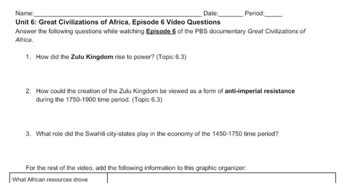 Unit 6 great civilizations of africa episode 6 video questions