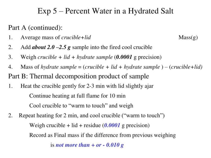 Experiment 5 percent water in a hydrated salt